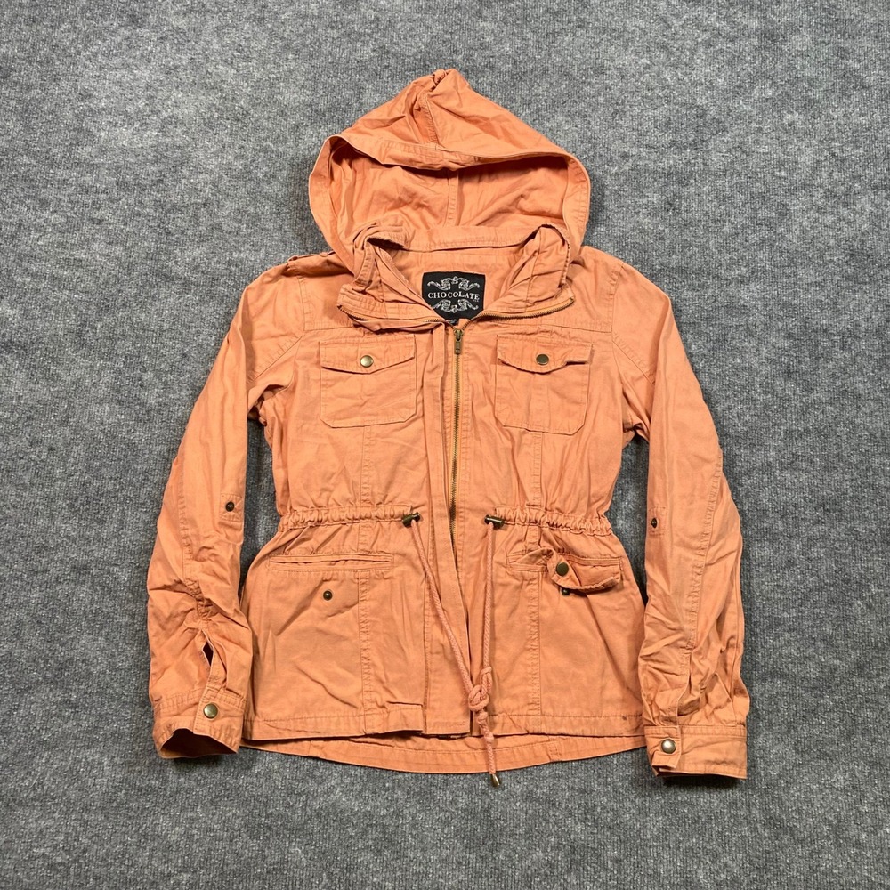 Chocolate USA Womens Utility Jacket Coral Orange Hooded Cotton Anorak Large